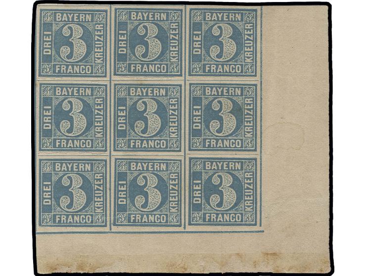 1850/62, 3 Kreuzer blau, 9er-Block aus der rechten unteren Bogenecke mit 13 bzw. 20mm breiten Bogenrändern, ein Wert und im R