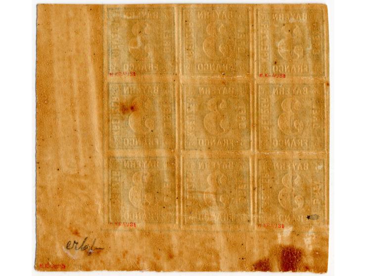 1850/62, 3 Kreuzer blau, 9er-Block aus der rechten unteren Bogenecke mit 13 bzw. 20mm breiten Bogenrändern, ein Wert und im R