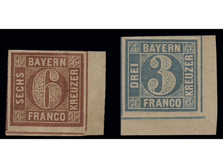 3 Kr. blau, Platte 5, und 6 Kr. braun, Platte 3, je breitrandige rechte untere Bogenecke, postfrisch, Luxus, jeweils Kurzbefu