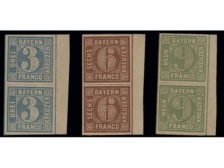 3 Kr. blau, Platte 5, 6 Kr. rötlichbraun, Platte 3, und 9 Kr. gelbgrün, Type III, je im senkrechten Paar, allseits breit- bis