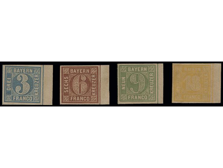 3 Kr. blau, Platte 5, 6 Kr. rötlichbraun, Platte 3, 9 Kr. gelbgrün und 18 Kr. gelblichorange, alle breit- bis überrandig vom 
