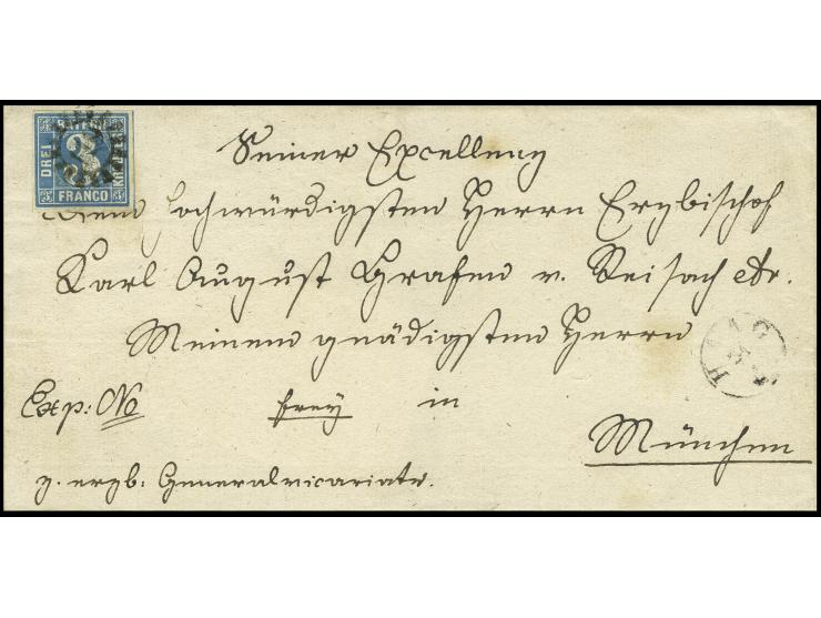 3 Kr. blau, Platte 2, voll- bis breitrandig mit gMR "119" und nebengesetztem Fingerhutstempel "HAAG 24 4" auf Bischofsbrief m