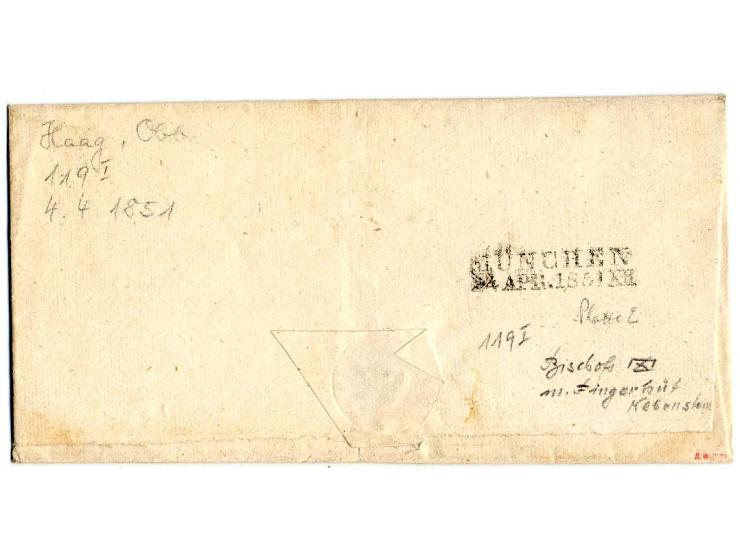 3 Kr. blau, Platte 2, voll- bis breitrandig mit gMR "119" und nebengesetztem Fingerhutstempel "HAAG 24 4" auf Bischofsbrief m