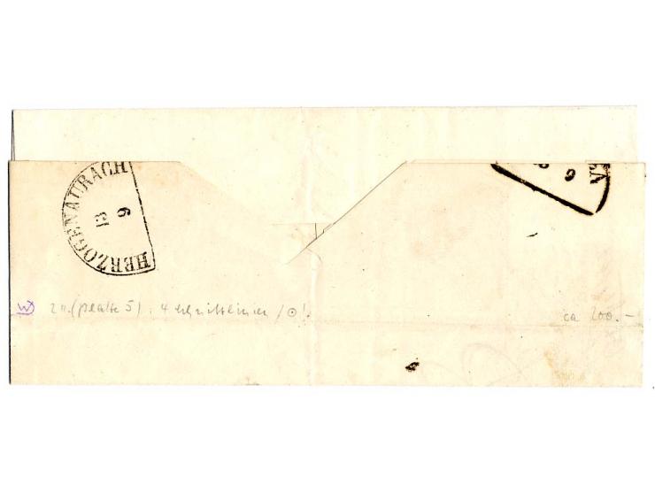 3 Kr. blau, Platte 5, allseits sehr breitrandig mit allen Zwischenlinien mit zentrischem gMR "571" auf Briefhülle von "WEISSE
