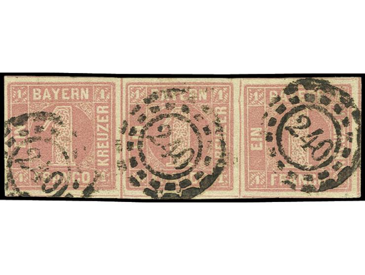 1 Kr. rosa in zarter, frischer Farbe, waagerechter 3er-Streifen, allseits breitrandig mit oMR "240" KEMPTEN, rechte Marke kle