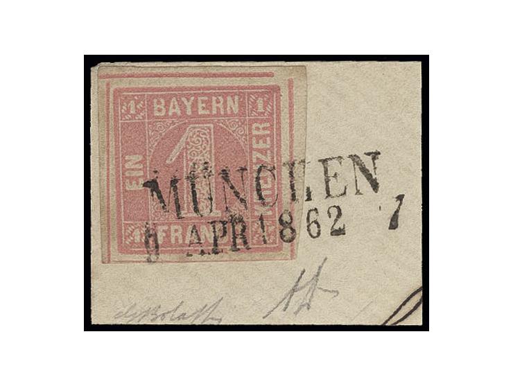 1 Kr. rosa, allseits breit- bis überrandige rechte obere Bogenecke mit sauberem L2 "MÜNCHEN 9 APR. 1862" auf Briefstück, Ausn