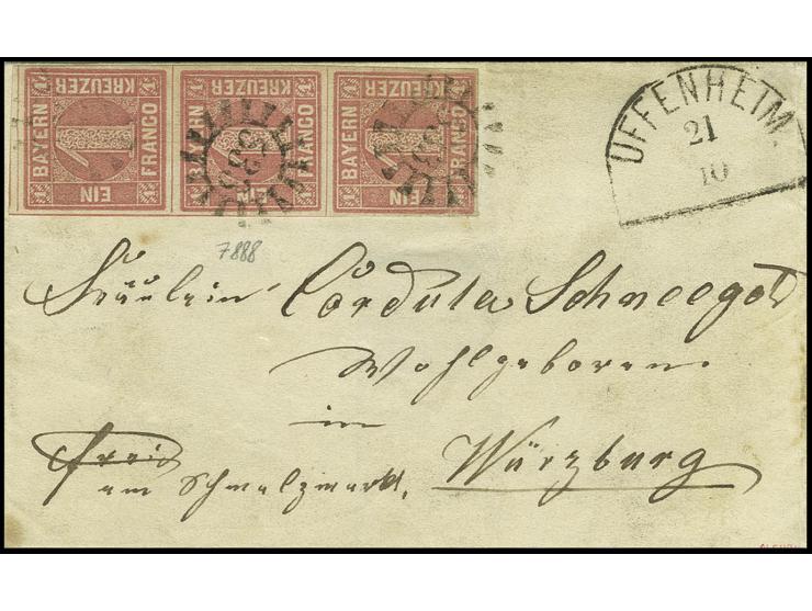 1 Kr. rosa im senkrechten 3er-Streifen, sonst voll- bis meist breitrandig mit gMR "533" und nebengesetztem Halbkreisstempel "