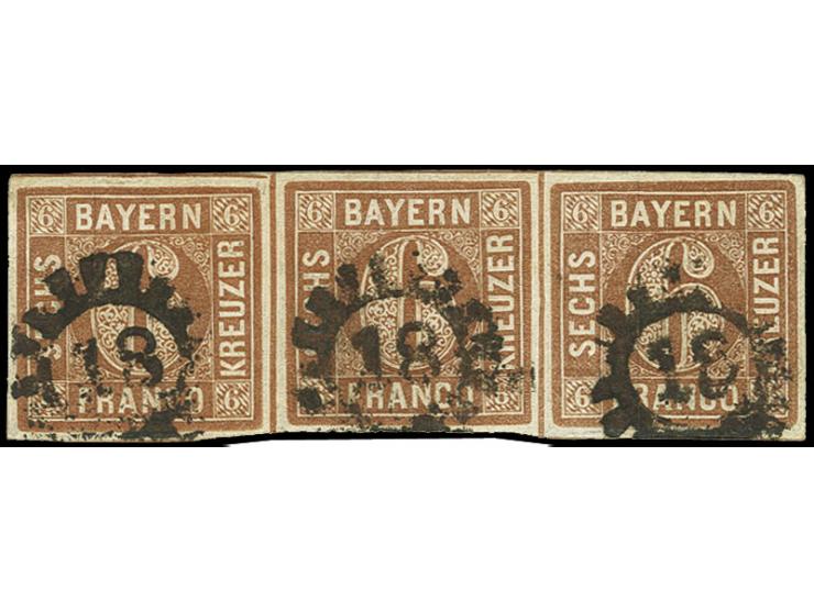 6 Kr. rötlichbraun, Platte 1,  im waagerechten 3er-Streifen, voll- bis meist breitrandig, jeder Wert einzeln entwertet mit gM
