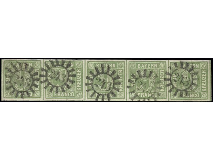 9 Kr. maigrün im waagerechten 5er-Streifen, die 2. Marke in Type II, sonst III, allseits breitrandig, 3seitig mit Schnittlini