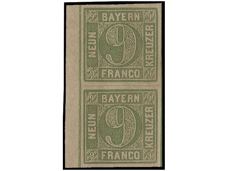 9 Kr. gelbgrün im senkrechten Paar mit den Typen II und III, allseits breitrandig mit ca. 3 mm linken Bogenrand, postfrisch, 