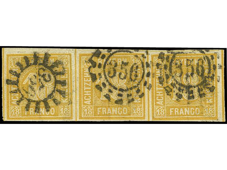 18 Kr. gelblichorange im waagerechten 3er-Streifen, allseits breitrandig mit sehr ungewöhnlicher Doppelentwertung, dabei die 