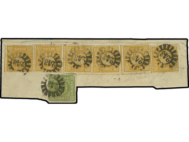 18 Kr. gelborange, 6 Einzelwerte zusammen mit 9 Kr. gelbgrün, alle voll- bis meist breitrandig, teils mit Zwischenlinien, mit