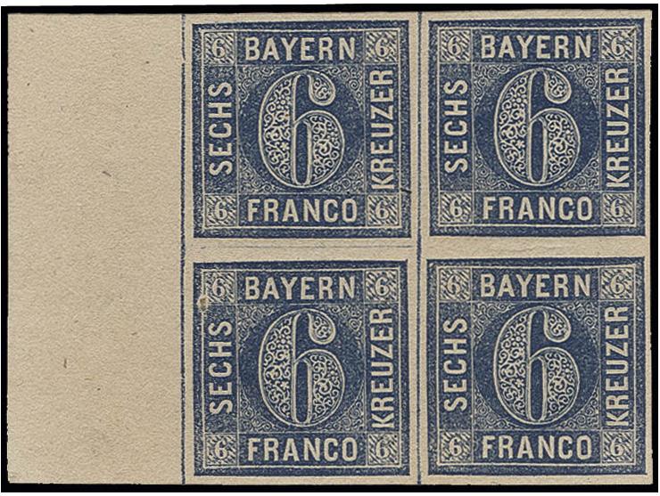 6 Kr. stahlblau im 4er-Block, allseits breitrandig, links mit 16 mm Bogenrand, ungebraucht, 1 Randwert postfrisch, Kabinett, 