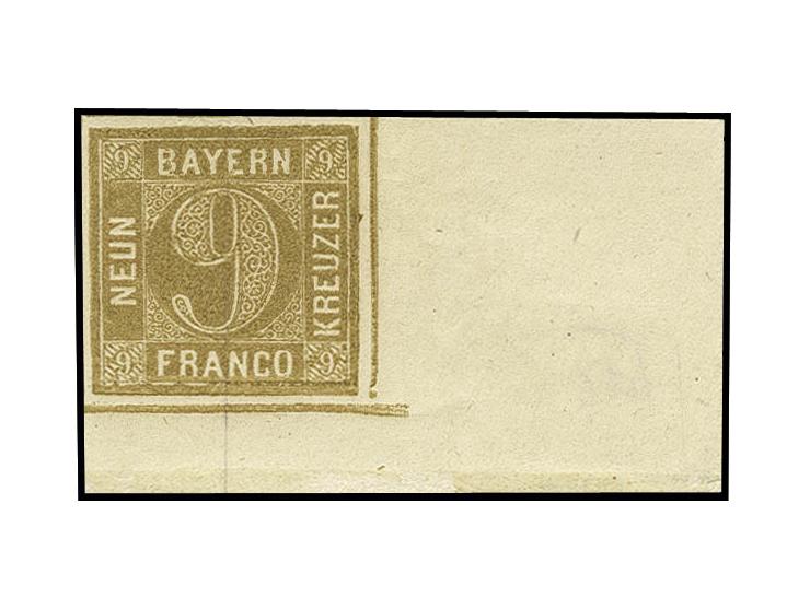 9 Kr. ockerbraun, voll- bis überrandig, rechtes unteres Eckrandstück mit 6/22 mm Bogenrand, oben gering bayernbrüchig, ungebr