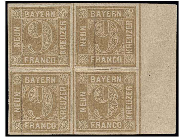 9 Kr. ockerbraun im 4er-Block, allseits breitrandig, rechts mit 12 mm Bogenrand, ungebraucht, Kabinett, sign. H. Krause