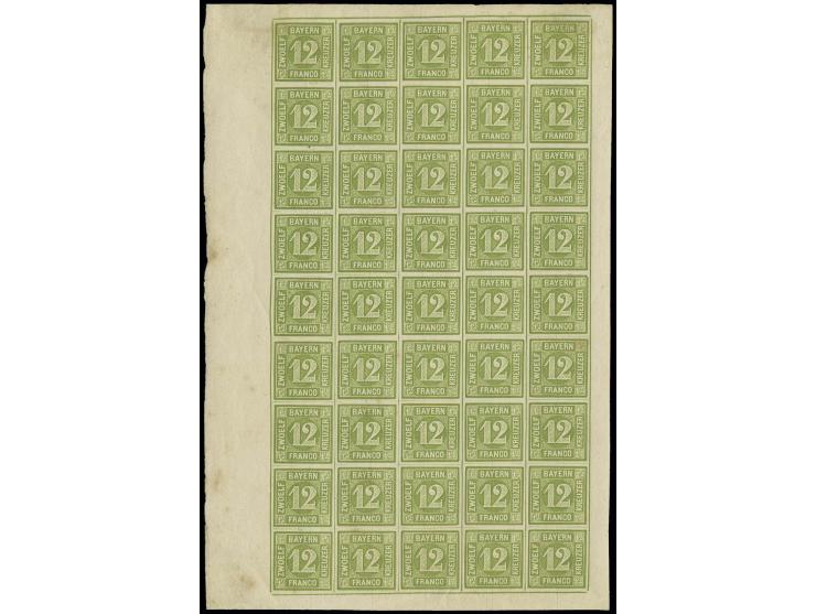 1862, 12 Kr. grün im halben Schalterbogen von 45 Marken mit allseits breiten Rändern, farbfrisch und bis auf 3 Werte mit klei