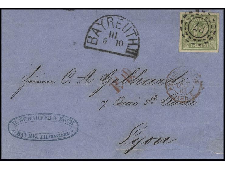 12 Kr. grün, allseits gleichmäßig breitrandig mit oMR "37" auf Briefhülle von "BAYREUTH 5 10" (1867) nach Lyon; die Briefhüll