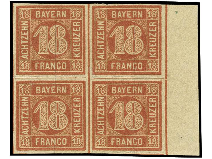 18 Kr. orangerot im 4er-Block, voll- bis meist breitrandig mit 9 mm Bogenrand rechts, 1 Wert kleine Haftstelle, sonst postfri
