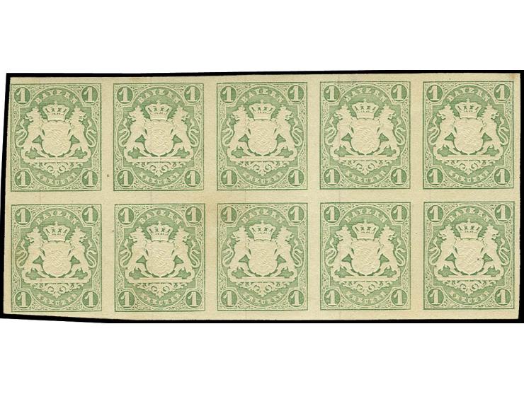 1867/68, Wappen geschnitten: 1 Kr. bläulichgrün im waagerechten 10er-Block, voll- bis ganz überwiegend breitrandig und farbfr