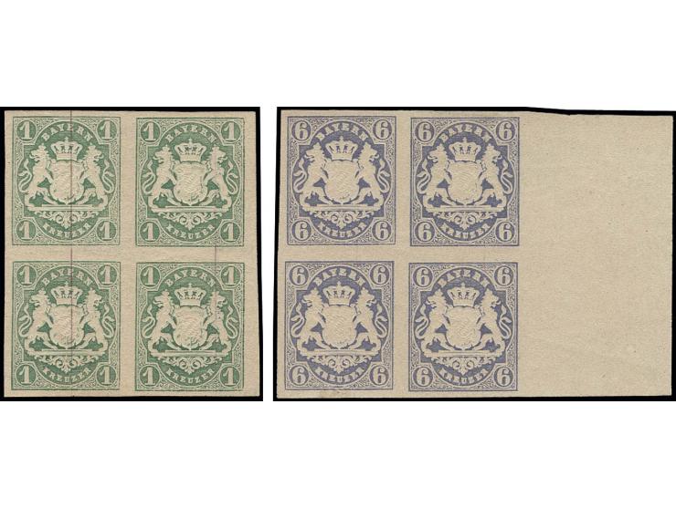 1 Kr. grün und 6 Kr. ultramarin, je im 4er-Block, allseits breitrandig, 6 Kr. rechts mit 26 mm Bogenrand, ungebraucht, je 2 W