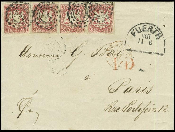 3 Kr. rosa, vier Einzelwerte, alle breitrandig mit oMR "145" auf kpl. Faltbrief von "FUERTH 11 6" (1868) nach Paris mit vorde