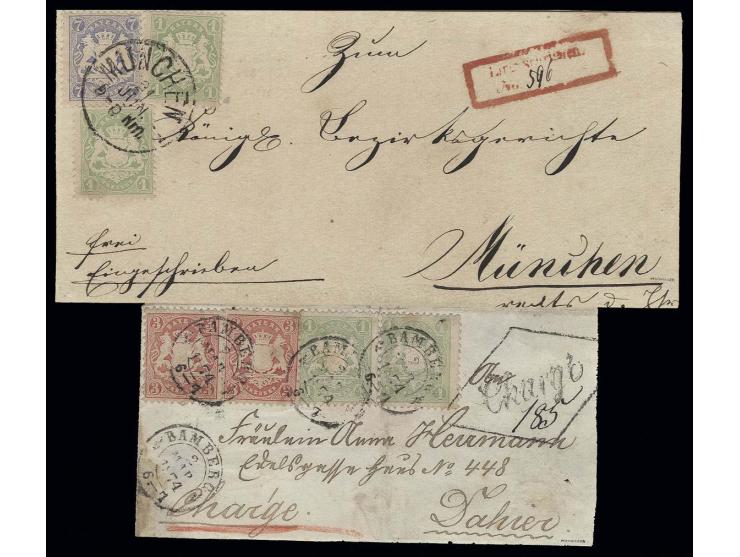 Wz. weite Rauten: 1 Kr. gelblichgrün (2) und 3 Kr. karmin (2) mit DKr. "BAMBERG 2 MAR 1874" auf eingeschriebener Ortsbrief-Vo