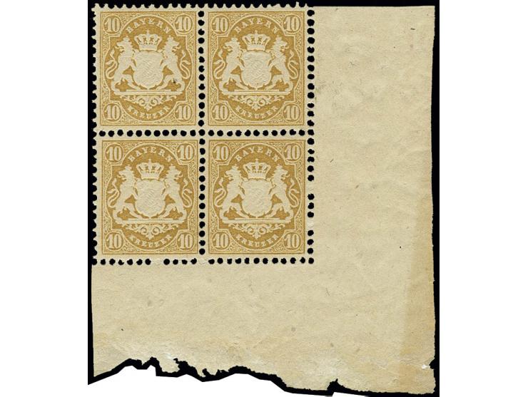 1875, Wz. Wellenlinien: 1-18 Kr. kpl. in 4er-Blocks, bis auf 18 Kr. alle aus der rechten unteren Bogenecke, 10 Kr. rechts ang