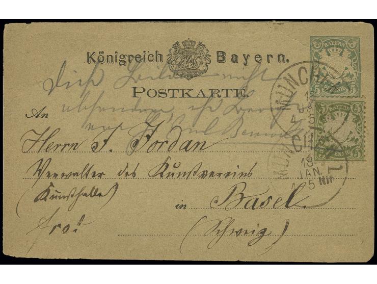 5 Pfg. grauolivgrün, farbfrisch und einwandfrei gezähnt als Zufrankatur auf Ganzsachenkarte 5 Pfg. von "MÜNCHEN 18 JAN." (187