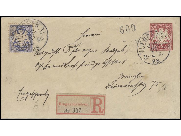 1881, Wz. senkrechte Wellenlinien: 20 Pfg. ultramarin als Zufrankatur auf 1883, 10 Pfg. Ganzsachenumschlag mit EKr. "MÜNCHEN 