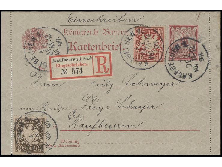 1888, Wz. waagerechte Wellenlinien: 3 Pfg. braun und 10 Pfg. karmin als Zufrankatur auf 1897, Kartenbrief 10 Pfg., sauber ges