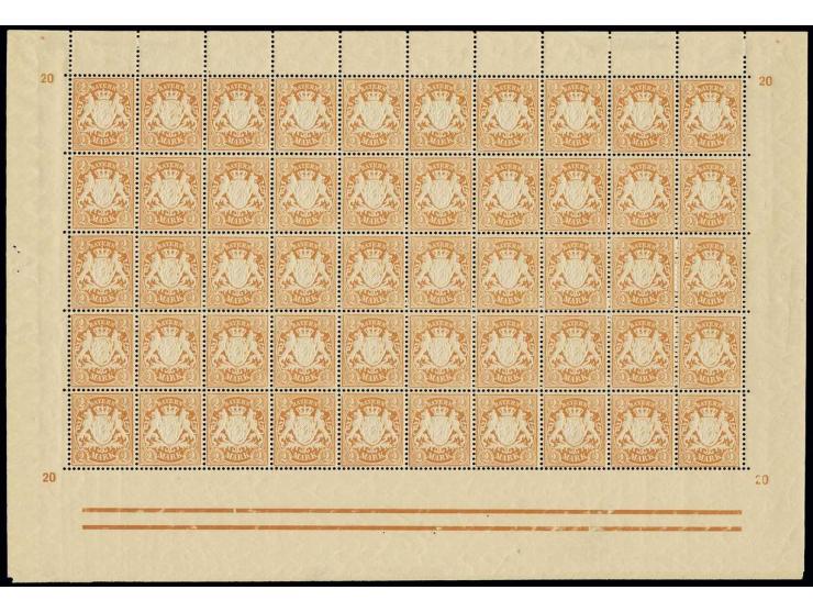 1890, Wappen 2 M. orange auf grauweißem Papier, 20. Auflage, vollständiger Bogen von 50 Marken mit breiten Bogenrändern, post