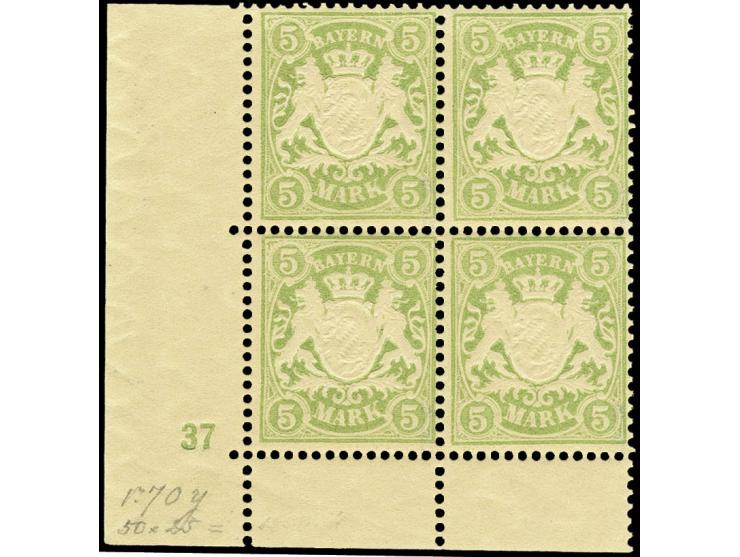 1900, 5 M. gelbgrün auf mattgelblichweißem Papier, 4er-Block aus der linken unteren Bogenecke mit Plattennr. "37", postfrisch