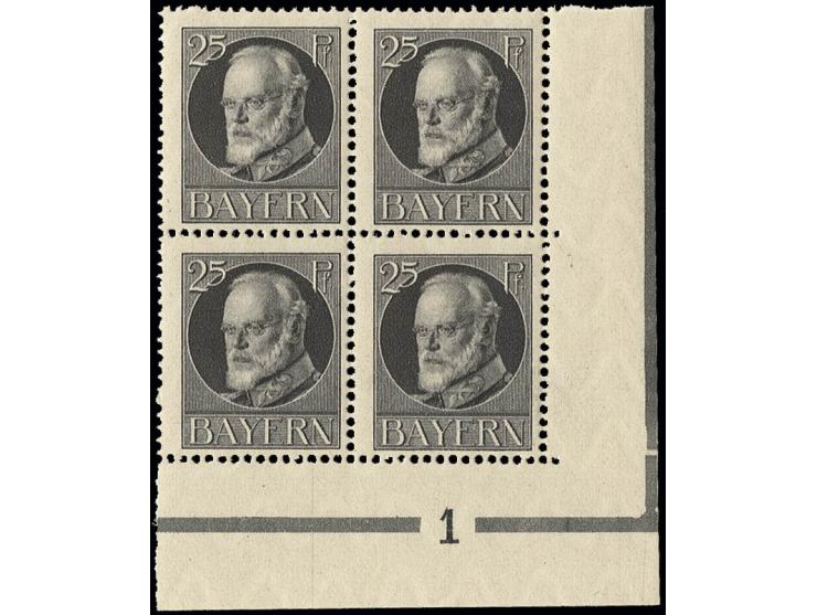 1914, Ludwig Friedensdruck 25 Pfg. schwarzgrau, postfrischer 4er-Block aus der rechten unteren Bogenecke mit Plattennummer "1