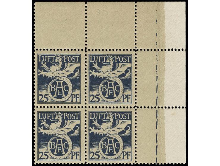 HALBAMTLICHE FLUGPOST: 1912, 25 Pfg. im 4er-Block aus der rechten oberen Bogenecke, postfrisch, 2 Werte kleiner Stockpunkt im