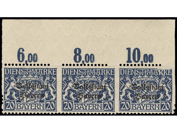 1919, "Volksstaat" 20 Pfg. im waagerechten 3er-Streifen mit Oberrand (dort Falzrest), senkrechte Zähnung fast kpl. fehlend (T