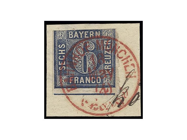STEMPEL: "BAHNHOF MÜNCHEN 18 May / Chargé", roter EKr. sauber und voll auf 6 Kr. blau, oben angeschnitten, sonst voll- bis üb