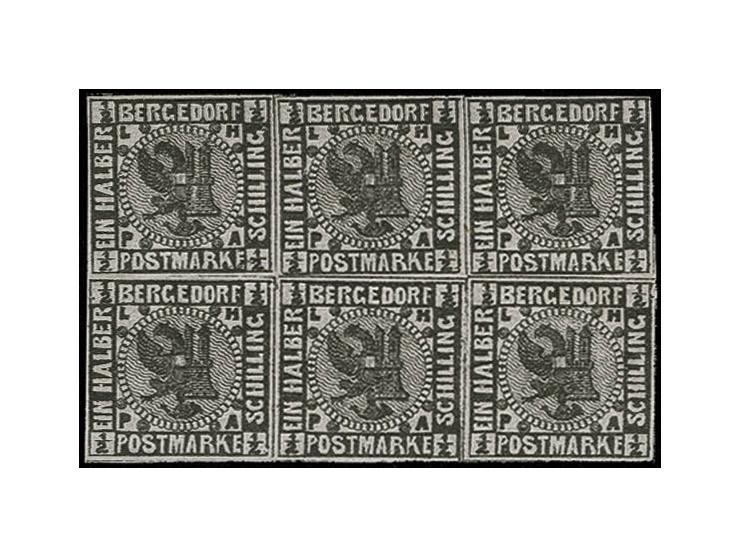 Neudruck des Urdruckes: 1/2 Sch. auf lebhaftbraunviolett im waagerechten 6er-Block, allseits voll- bis breitrandig, postfrisc
