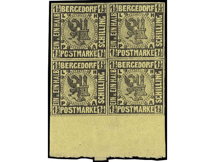 Probe-Urdruck 1½ Sch. auf gelbem, dickem Papier, 4er-Block vom unteren Bogenrand, allseits voll- bis breitrandig, ungebraucht