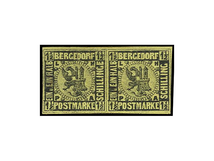 Moens'scher Korrekturabzug 1 1/2 SCHILLINGE im waagerechten Paar mit Normalmarke, ungebraucht, etwas fleckig, sign. Schlesing