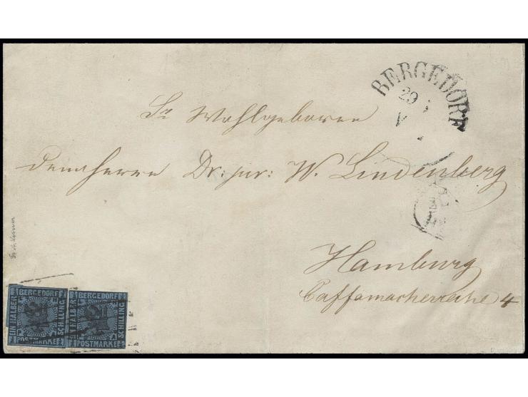 1861, Beiderstädtisches Wappen ½ Sch. auf blau, 2 Einzelwerte, beide voll- bis breitrandig, teils mit Zwischenlinien, mit sau