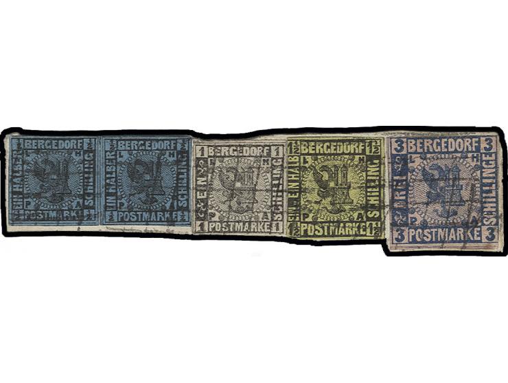 ½  Sch. auf blau, 2 Einzelstücke, zusammen mit 1 Sch. schwarz, 1 ½ Sch. auf gelb und 3 Sch. auf mattrosa, die 1 ½ Sch. links 