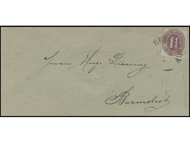 HERZOGTH. SCHLESWIG 1¼ Sch. violett mit sauber aufgesetztem Ortsstempel "BERGEDORF 3/9" auf Briefkuvert nach Barmstedt mit Du