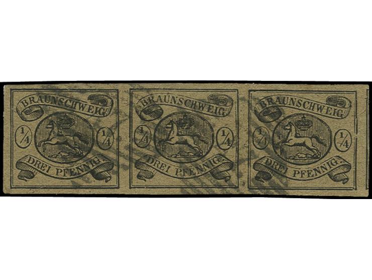 1853, ¼ Ggr. auf braun im waagerechten 3er-Streifen, allseits breit- bis überrandig mit klarer Nr. "47" WOLFENBÜTTEL, Kabinet
