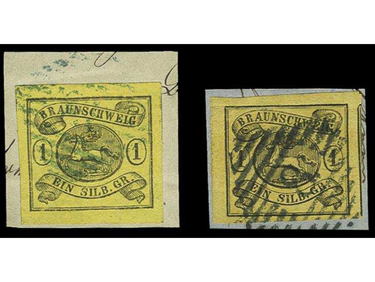 1 Sgr. auf braungelb und 1861/64, 1 Sgr. auf gelb, beide breit- bis überrandig und farbfrisch je auf Briefstück, Kabinett, di