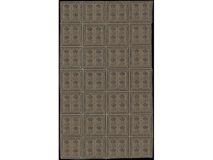 1857, 4/4 Gr. auf graubraun, ungebrauchter 28er-Block, 4 Marken mit Falz, sonst postfrisch, kleine Mängel (u.a. Faltspuren), 