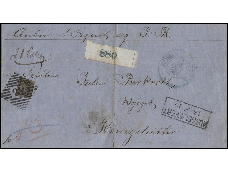¼ Ggr.(entsprechend 3 Braunschweigischen Pfennigen) als Einzelfrankatur mit Nummernstempel "28" und nebengsetztem blauen DKr.