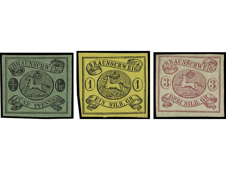 1861/63, Wappen geschnitten: ½ Gr. auf grün, 1 Sgr. auf lebhaftgelb und 3 Sgr. rosa, die kpl. Ausgabe ungebraucht, alle voll-