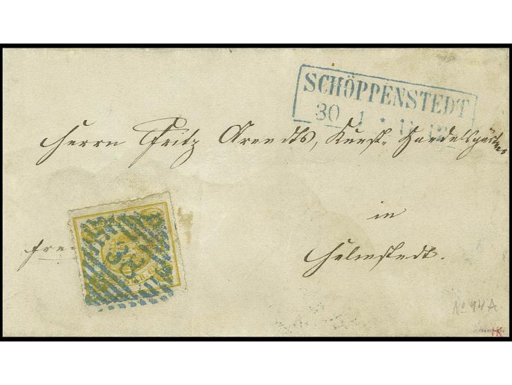 1864, durchstochen: 1 Sgr. gelbocker, bogenförmig durchstochen mit blauer Nr. "38" und nebengesetztem Ra2 "SCHÖPPENSTEDT 30 4