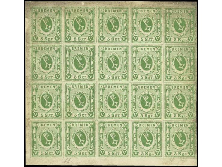 1859, 5 Sgr. grün auf gestrichenem Papier, waagerechter 20er-Block, allseits breitrandig mit Bogenrändern an 3 Seiten, an den