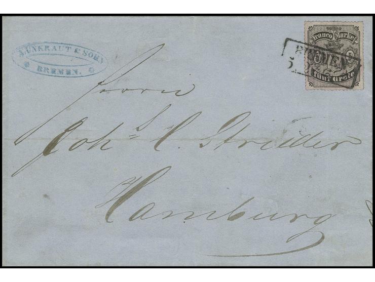 1862, 5 Gr. auf mattgraubraun mit allseits gutem Durchstich D1I, mit Ra2 "BREMEN 5 2" (1866) auf Faltbriefhülle nach Hamburg;
